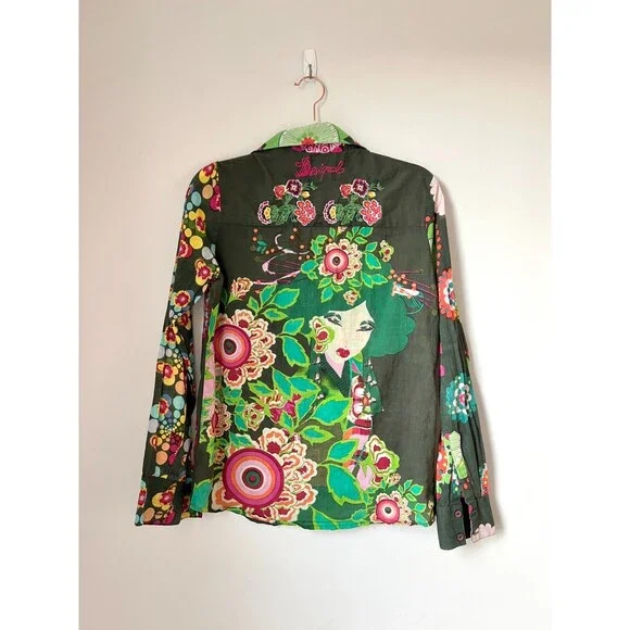 Desigual Women's Large Floral Artsy Button Down Blouse Multi Colored Embroidered - Picture 2 of 12